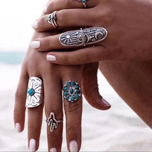 9pc BOHO RING SET Turquoise SILVER arrow southwest - Picture 4 of 7